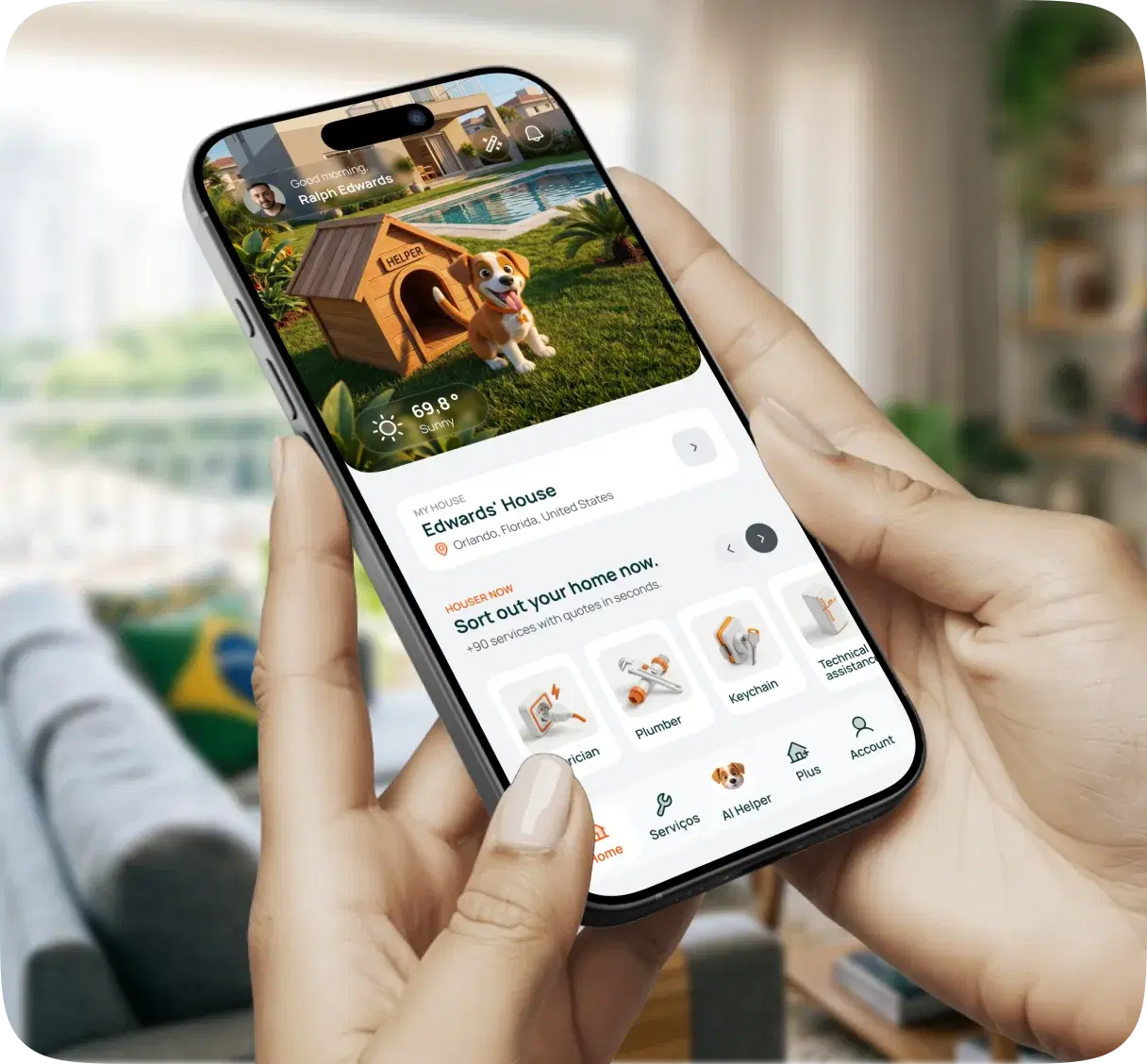 Hands holding a phone with the Houser app open, showing the home screen with the mascot in the garden