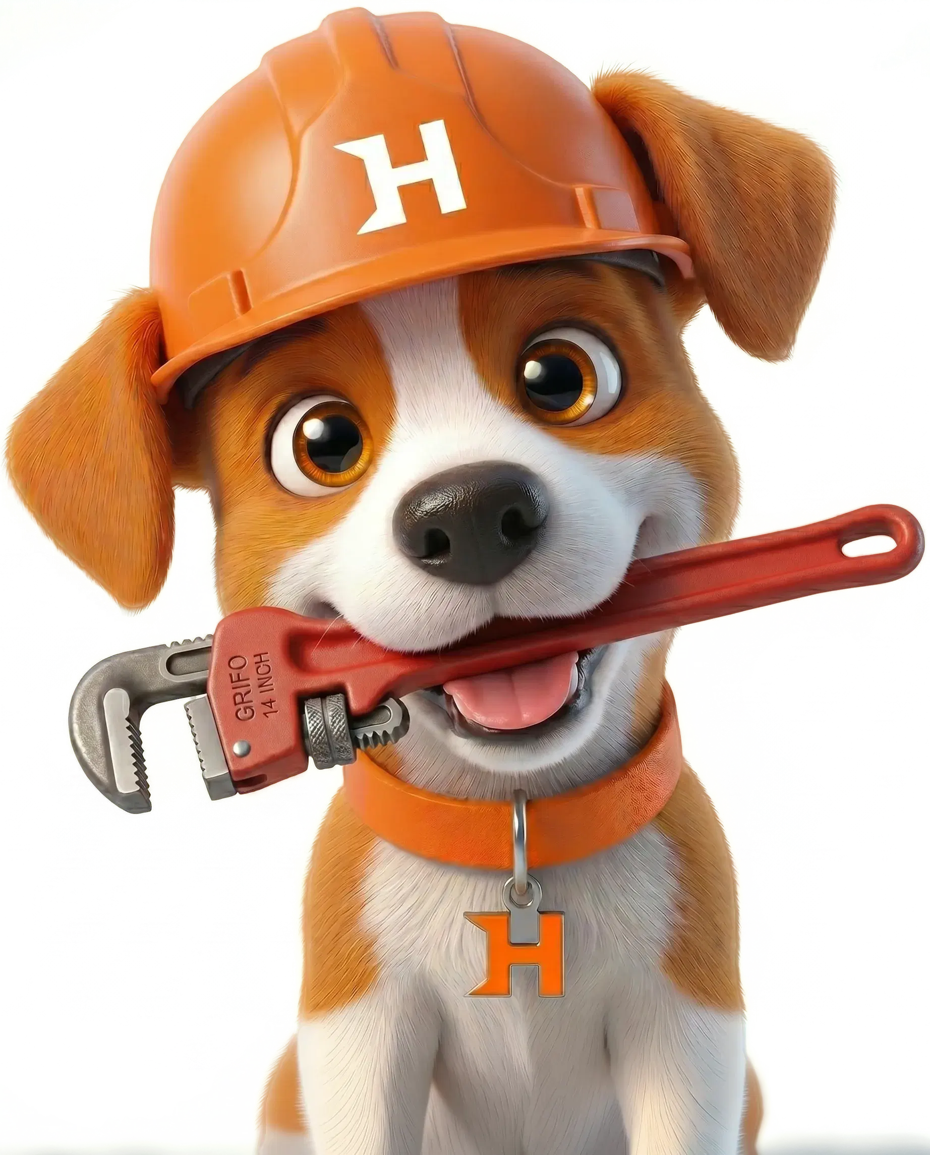 Houser mascot — a puppy wearing a hard hat and holding a pipe wrench
