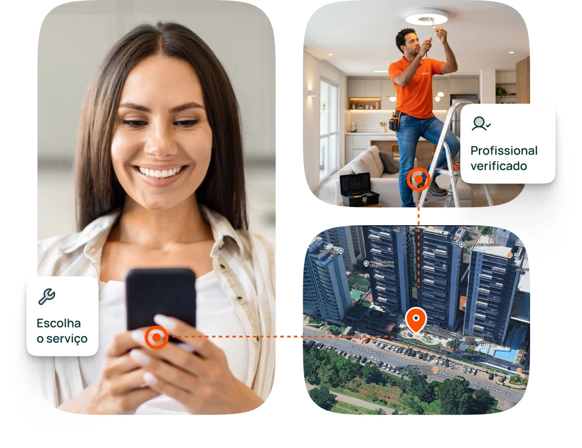 The Houser process: a woman on the phone, a verified professional at work and a satellite view of the property
